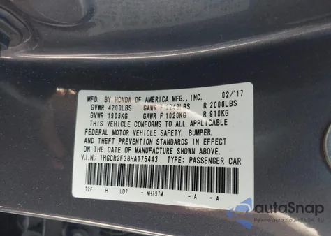 2017 Honda Accord Lx из США, поврежденный, VIN 1HGCR2F38HA175443